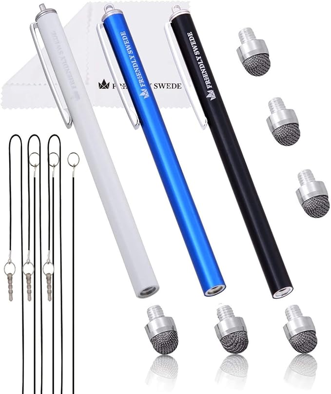 The Friendly Swede Mesh Tip Stylus Pen for Touchscreen — 3-Pack Micro-Knit Capacitive Stylus Pen for iPad & iPhone with 3 Replaceable Fiber Tips, Elastic Lanyards & Screen Cleaning Cloth