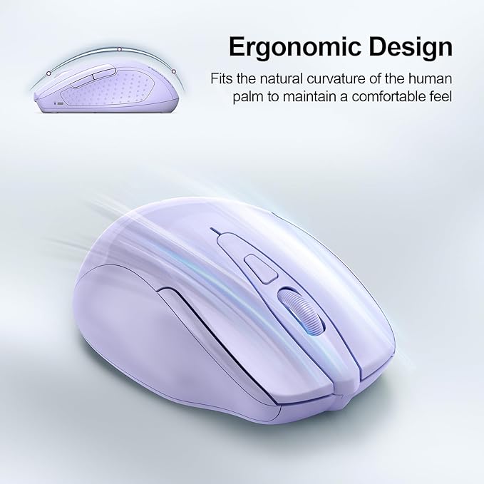 TECKNET Wireless Mouse (2.4G & BT5.0/3.0) Silent 4800 DPI Computer USB A & Bluetooth Mouse 6 Buttons, Wide Compatibility - Lavender