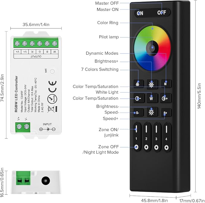 BTF-LIGHTING 2.4GHz Wireless RF Remote RC03RFB &3PCS C04RF Tuya Controller Kit 4 Zones Group Control 5050SMD FCOB COB PWM RGBW (+ R G B W) 5pin LED Strip DC5V DC12V DC24V