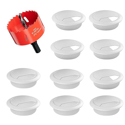 Desk Grommet 2-3/8 inch (60mm) 10 Pieces - White Desk Cable Grommet Desk Cable Hole Covers with Hole Saw for TV, Office, Wires Through Countertop and Home Table