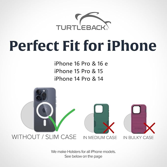 Turtleback Belt Clip for iPhone 16 Pro, 16e, 15 pro 14 Pro 13 Pro -Small- Fits w/Slim MagSafe Style Cases - Premium Black Leather, Vertical Belt Holder, Magnetic Closure, HD Rotating Belt Clip
