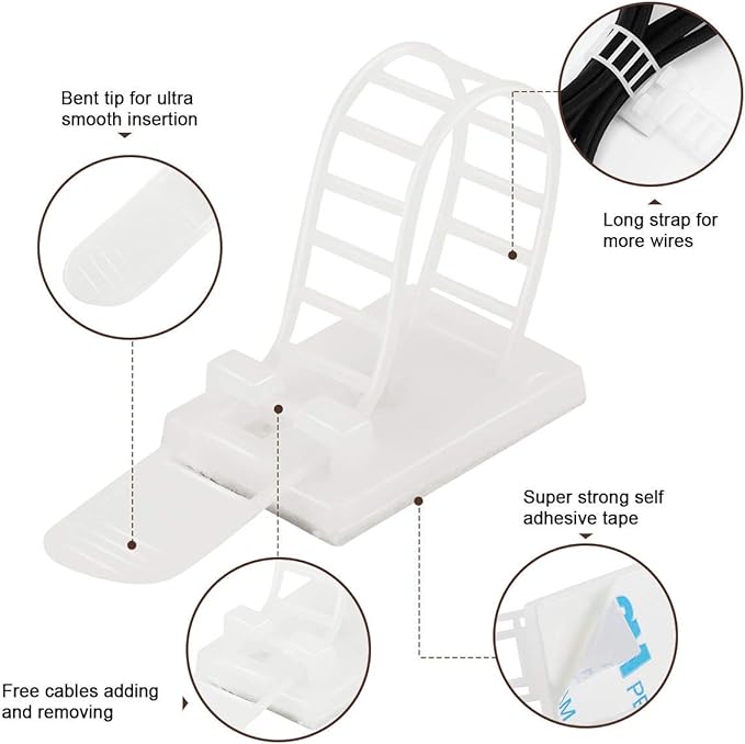 Adhesive Cable Management Clips, 100Pcs Adjustable Nylon Cable Strap Ties Wire Clips Clamps Organizer with Strong Adhesive Tape, Extra Screw & Hole for Strong Fixation Home Office - 3.55 Inch White