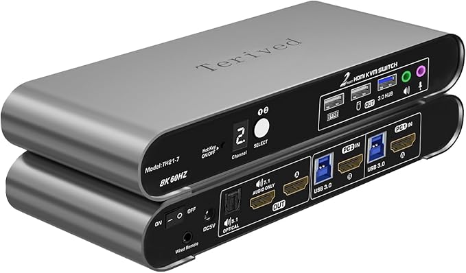 2 Computers 1 HDMI Monitor Automatic KVM Switch 8K@60Hz, Hotkey Switching, EDID, Support 5.1/7.1 Audio and Microphone, Aluminum Shell with Digital Display, USB 3.0 Hub, HDR10 with Cables