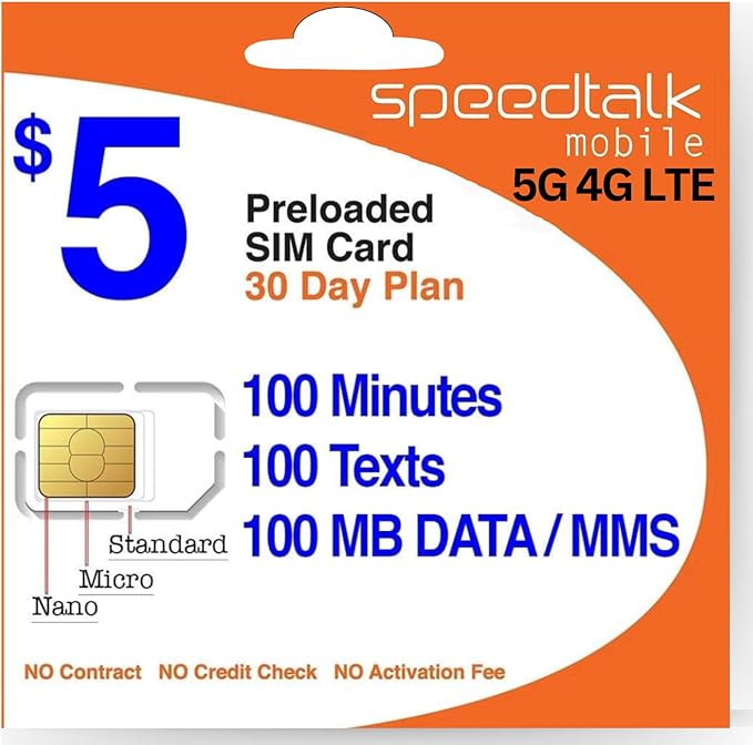 SpeedTalk Mobile $5 Prepaid Wireless Pay Go Plan for Smartphones & Cellphones | 5G 4G LTE | 100 Talk, 100 Text, 100 MB Data |Triple Cut (Mini,Micro,Nano) Sim Card | No Contract | 30-Day Service