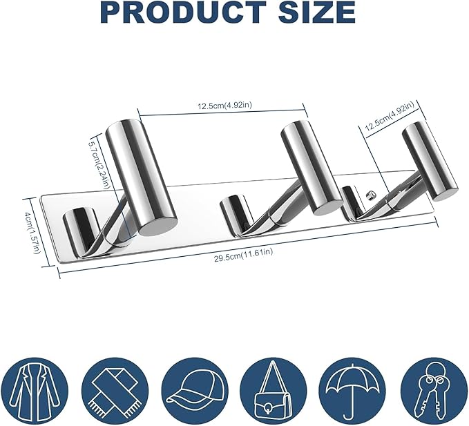 VAEHOLD Hat and Coat Wall Mount Rack - Hooks for Robes, Bags, Keys, and Towels - Bathroom Towel Hanger Organizer (Polished Chrome, “T“ Shape 3 Hooks 2 Pack)