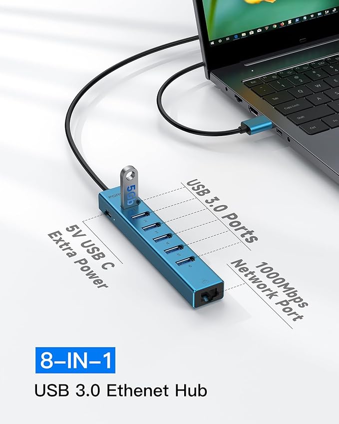 7 Ports USB 3.0 Hub, USB to Network HUB with 3.9ft Long Cable for Laptop, USB Splitter with Gigabit Ethernet Port and 5V/3A Power Port, MultiPort Aluminum Hub for iMac, PC, Flash Drives (Blue)