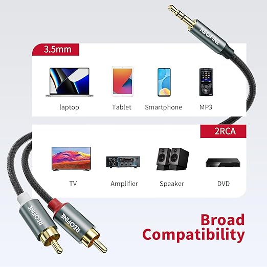 3.5mm to RCA Cable (5Feet/1.5M),3.5 mm 1/8 to RCA 2-Male Headphone Jack Adapter HiFi Sound Splitter Auxiliary Cord for Smartphone,MP3 Players,Laptops,Tablet,Speaker