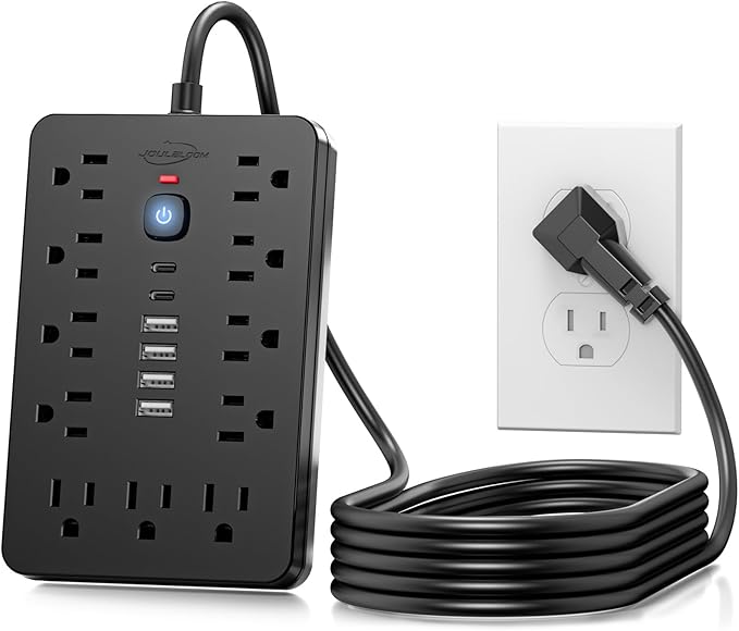 10 FT Flat Plug Surge Protector Power Strip,11 Multiple AC Outlets with 6 USB Ports (2 USB C), 10 Feet Extension Cord, 1250W/10A, One Touch Switch Button, 17 in 1 Compact powerstrip