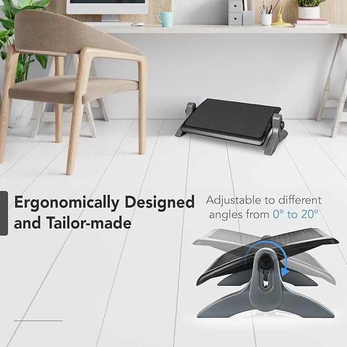 EHO Ottoman, Ergonomic Foot Rest for Under Desk, Adjustable Height and Angle, Rubber Platform, Anti-Slip, Ankle Support, Detachable Washable Cushion, Back and Leg Pain Relief, 21.6"L x 11.4"W, Black