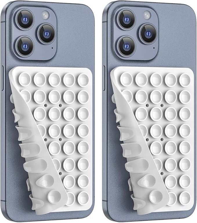 2PACK Silicone Double Sided Suction Phone Case Mount, Detachable Hands Free & Strong Grip Holder for Selfies & Videos, Compatible iPhone Android (White, 2Pack 40 Suction Cups)