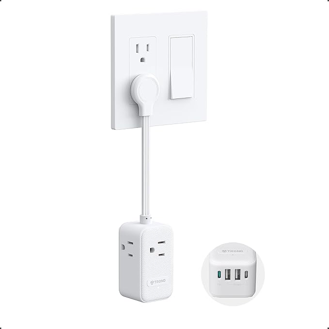 TROND Outlet Extender with 6 Inch Cord - Multi Plug Wall Outlet with PD 20W USB C Plug Adapter, Ultra Short Extension Cord, 3 Way Power Splitter for Bathroom Kitchen Office Dorm Travel Essentials