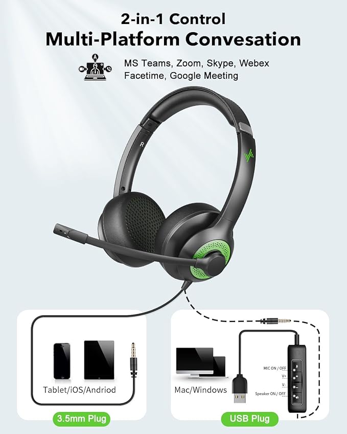 USB Headset with Mic for PC, On-Ear Computer Laptop Headphones with Noise Cancelling Microphone in-line Control for Home Office Online Class (USB+3.5mm, Green)