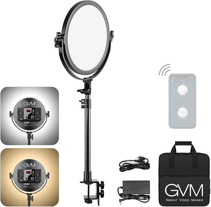 GVM Desk Mount LED Video Light, 10'' Round Key Light with Built-in Diffuser and LCD Display, Bi-Color Professional Light for Game/Studio/Streaming/YouTube Video Shooting, APP Control CRI 97+