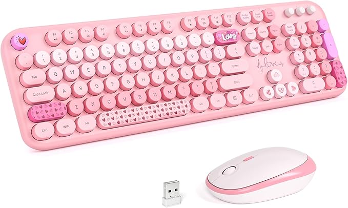 KNOWSQT Wireless Keyboard and Mouse Combo - Lovely Pink Rainbow Full-Sized Typewriter Colorful Keyboards, Round Keycap USB Plug Play Retro Cute Keyboards for Windows, Laptop, PC, Desktop, Computer