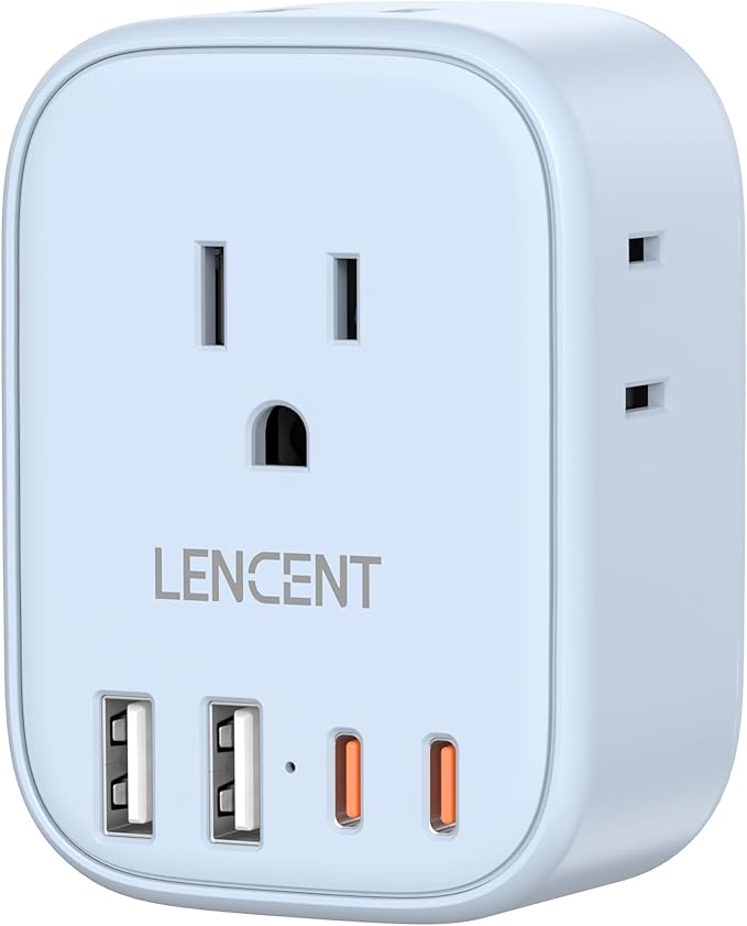 LENCENT Multi Plug Outlet Extender with USB C, 4 AC Electrical Outlet Expander with 4 USB Charger Cube, Small Multiple Wall Tap Plug Splitter for Home Office Travel Cruise Dorm Essentials- Blue