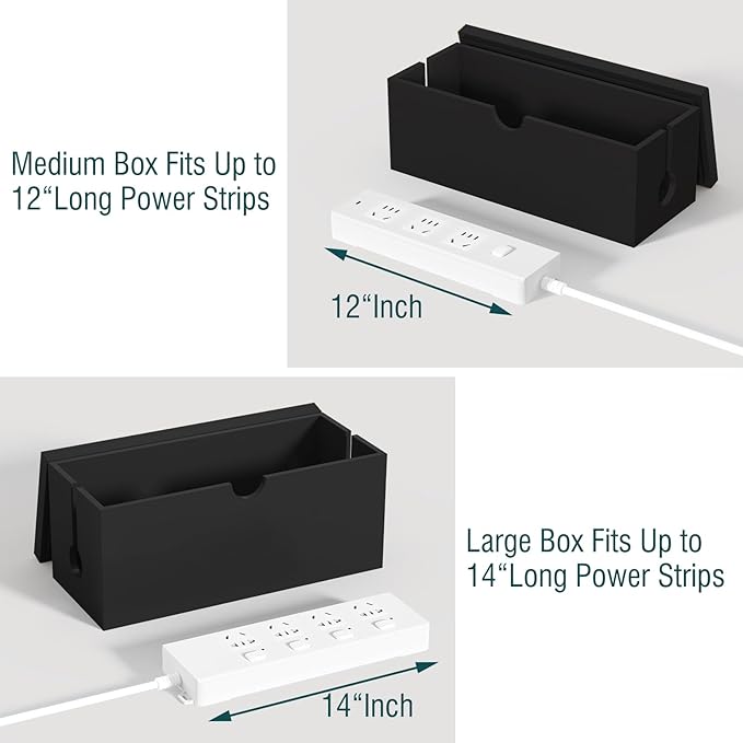 Bamboo Cable Management Box, Large Cord Organizer Box Cable Box to Hide Wires & Power Strips for Desktop Storage Cord Holder for Office Home,No Assembley Required (All Black, 2 Packs(M+L))