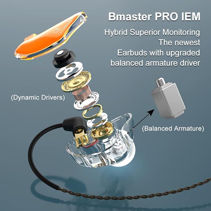 BASN in-Ear Monitors, Bmaster Triple Driver HiFi Stereo Noise-Isolating with Enhanced Bass for Musicians Stage/Audio Recording (PRO Orange/Black)