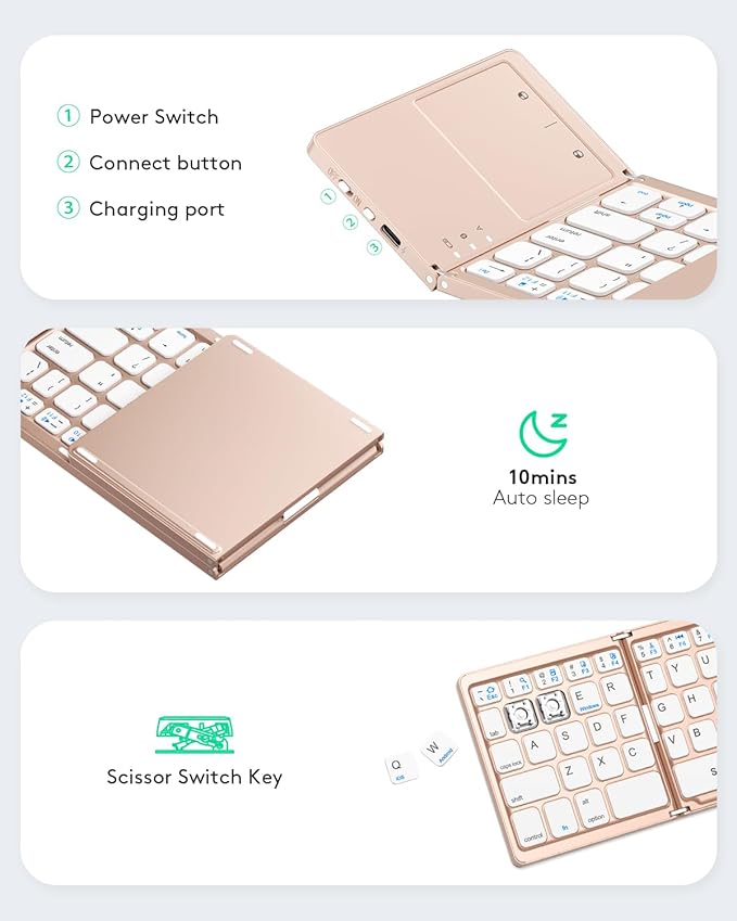Samsers Foldable Bluetooth Keyboard with Touchpad - Portable Wireless Keyboard with Holder, Rechargeable Full Size Ultra Slim Pocket Folding Keyboards for Android Windows iOS Tablet & Laptop - Pink