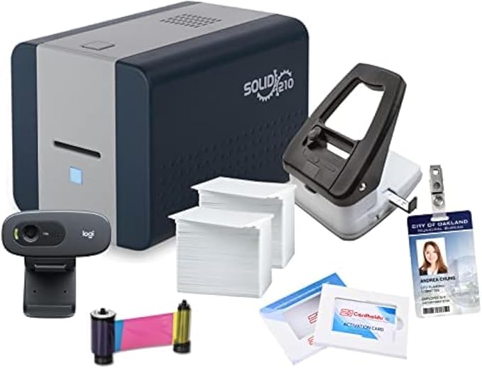 Easy Badges Solid 210 ID Badge Printer | with Standard Edition Software (Adds Excel Database & QR Codes), & Everything Needed to Print 400 ID Cards | Single Sided Employee ID Printer