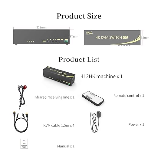 eKL HDMI KVM Switch 4 in 2 Out Dual Monitor Extended Display 4K@60Hz 4:4:4 with Audio and USB 2.0 Hub Sharing PC Monitor Keyboard Mouse Switcher