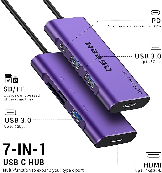USB C Hub, QGeeM USB 4k to HDMI Adapter, 7 in 1 USB-C Dongle with 100W PD,USB 3.0, Card Reader, Compatible for MacBook iPhone 15/16 Ipad Pro max,Chromebook Laptop USB Type C Dock-Purple