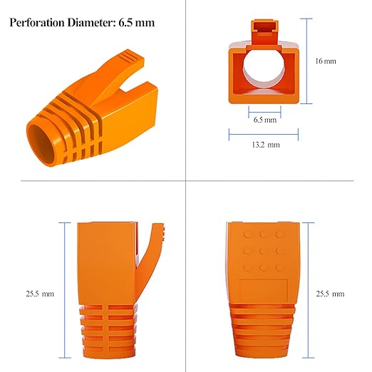 100Pack RJ45 Boot Cover, Cat5 Cat6 Cat6A Ethernet Network Cable Strain Relief Boot, Fits Overall Jacket Diameter 5.5-6.5MM Ethernet Cable (Hole Diameter: 6.5mm, Orange)
