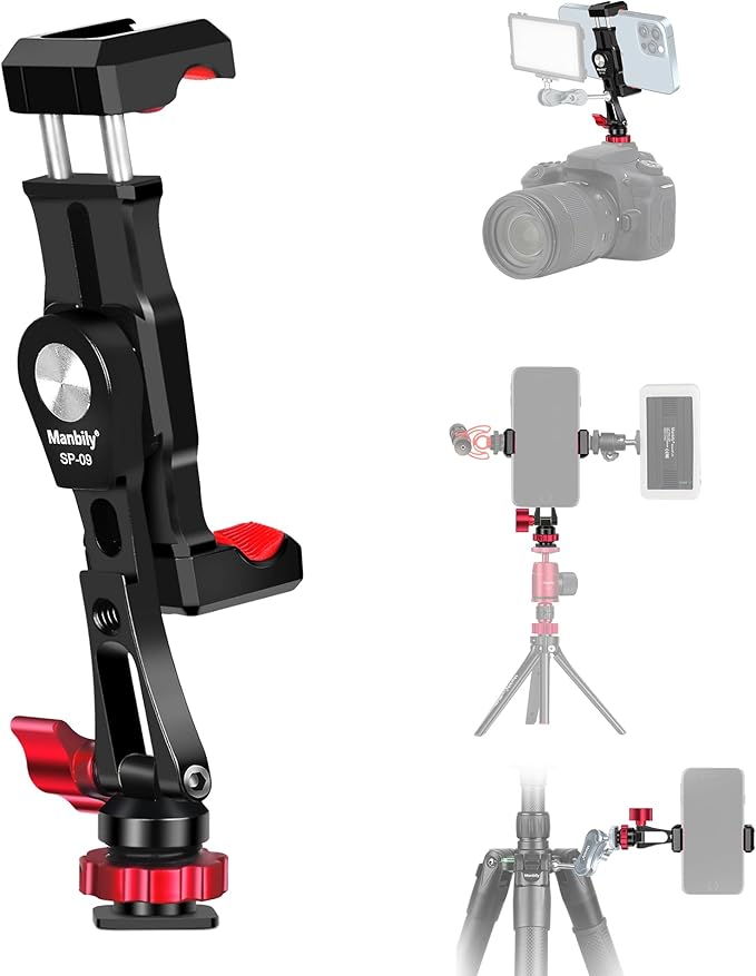 Manbily Phone Tripod Mount, Metal Smartphone Mount Adapter Camera Hot Shoe Mount, 360° Swivel 180° Flip Adjustable Phone Holder for Microphone LED Light（SP-09