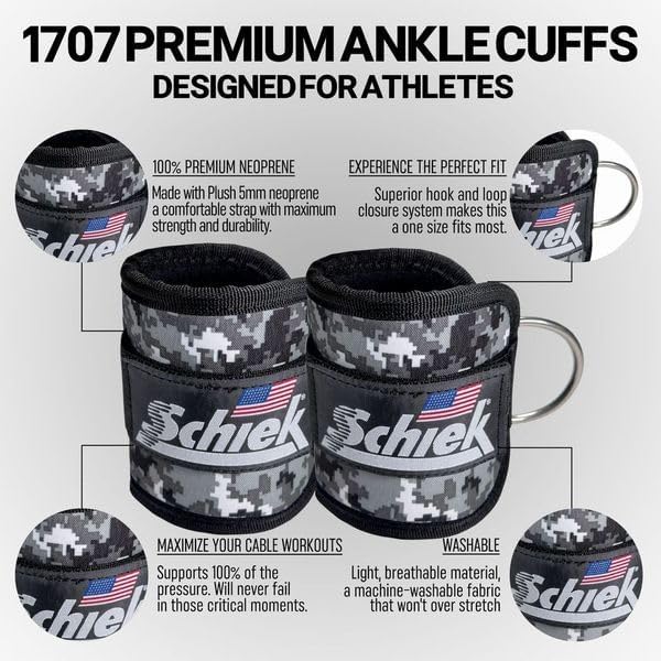 Schiek Sports 1707 Ankle Cuffs - Ideal for Glute Kickbacks and Cable Machine Workouts - Durable and Built To Last