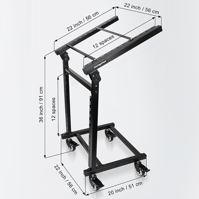 12U DJ Mixer Stand Rack Mount Rolling Stand Stage Cart Adjustable Rack Mount for Music Studio Booth Pro Audio Recording Cabinet Stage Equipment