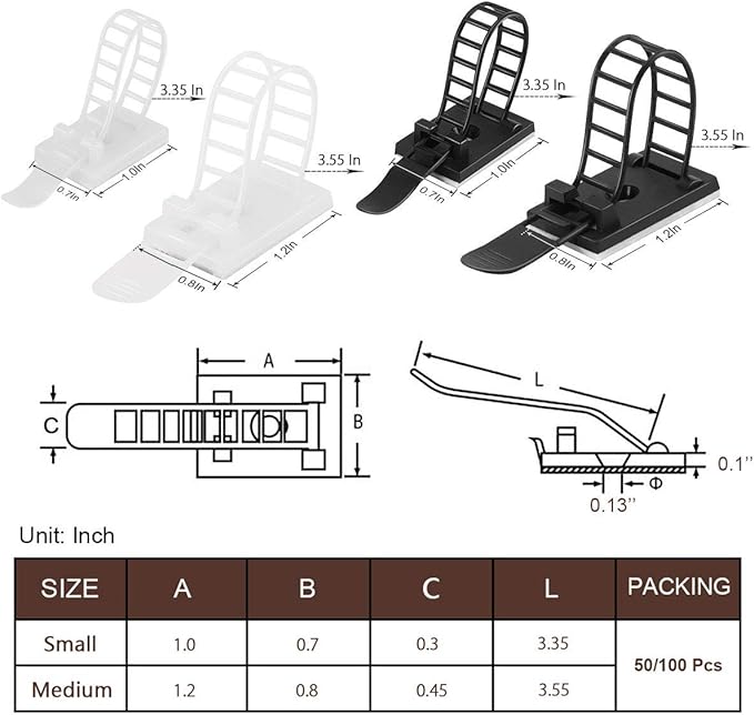 Adhesive Cable Management Clips, 100Pcs Adjustable Nylon Cable Strap Ties Wire Clips Clamps Organizer with Strong Adhesive Tape, Extra Screw & Hole for Strong Fixation Home Office - 3.35 Inch Black