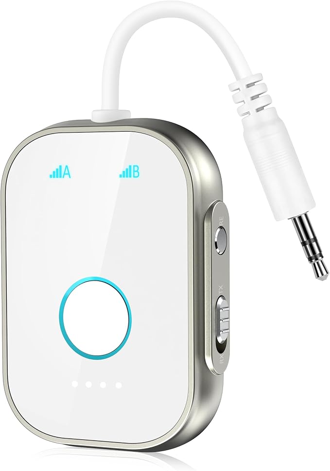 Bluetooth Transmitter Receiver, 2-in1 Wireless Adapter for Airplane, Bluetooth 5.3 Transmitter for TVs, Gym Equipment, Cars,Use with 3.5mm Jack and RCA Cable
