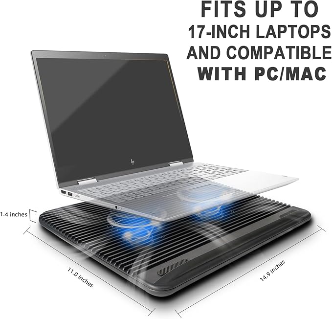 Laptop Cooling Pad, Coolertek USB Powered Laptop Cooler, 2 Blue Silent Big Fans, Height Adjustable Non-Slip Laptop Stand with Dual USB 2.0 Ports, Fits 11-17 Inch Notebook - Black (N2)