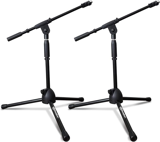 AxcessAbles Low-Profile Microphone Tripod Stand with Boom Arm | Adjustable Height Short Floor Mic Stand with Boom | Kick Drum Mike Stands |Guitar Amp Stands (2-Pack)