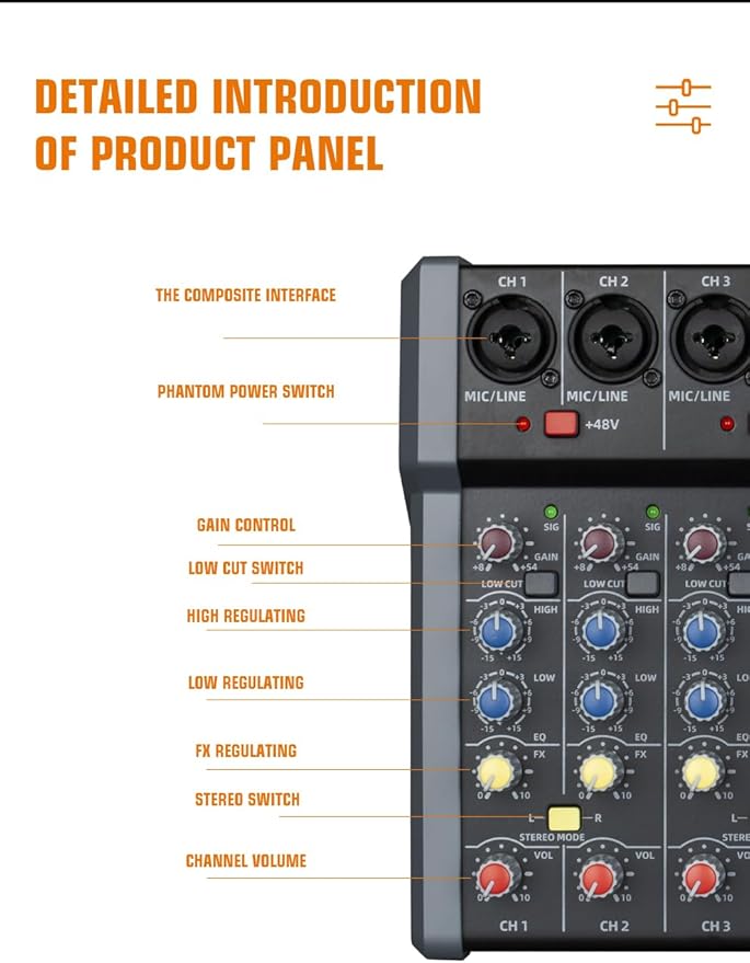 A-Series Professional Mixer for Recording DJ Stage Karaoke Music Application w/USB Drive for Computer Recording Input, XLR Microphone Jack, 48V Power, RCA Output for Professional (10-Channel)