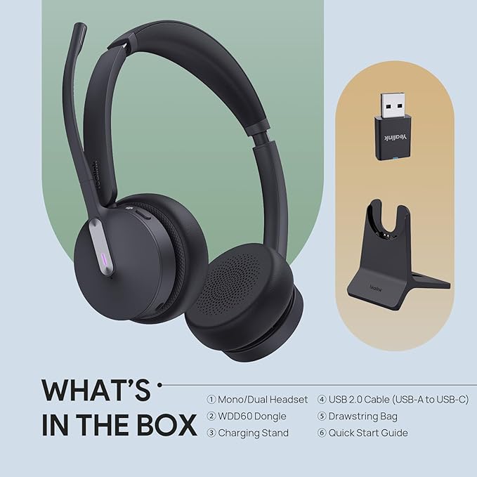 Yealink WH64 Hybrid DECT& Bluetooth Wireless Headset,492ft Range Dual Teams UC Zoom Headphones with DECT Dongle&Charging Stand, 3X Noise Cancelling Mic, 32H Talk Time,Headsets for PC,Phone,Laptop