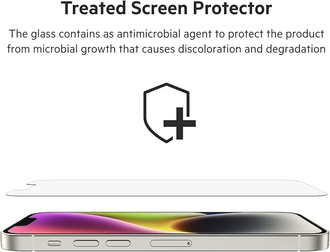 Belkin UltraGlass iPhone 14, iPhone 13 Pro Screen Protector - Easy Application with Installation Guide Tray - Crystal Clear Tempered Glass Screen Protector with AntiMicrobial-Treated Display