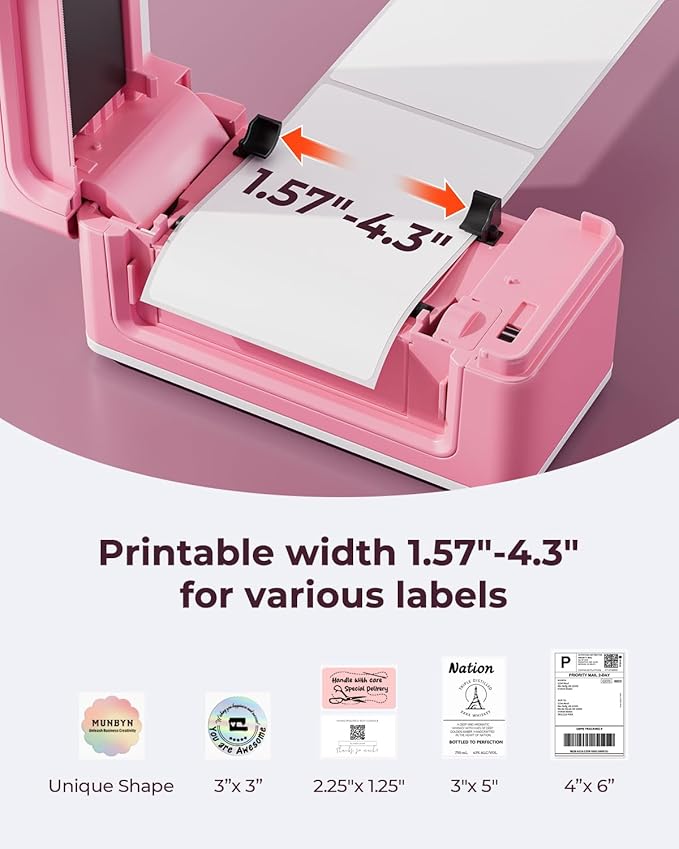MUNBYN Bluetooth Thermal Label Printer 941B, Wireless 300DPI 4x6 Shipping Label Printer for Small Business, Compatible with Windows, Mac, iPhone, Android, PC, Ebay, Amazon, Shopify, Etsy, USPS (Pink)