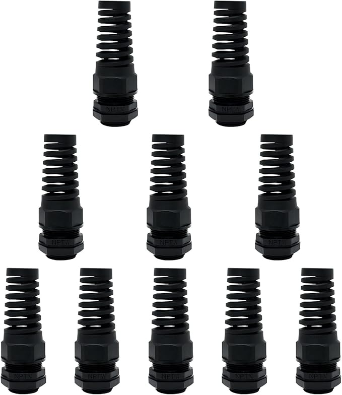 LeMotech 10Pcs NPT 1/4" IP68 Waterproof Cable Gland Flex Spiral Strain Relief Black Nylon Joint with Gaskets for 4-8mm Wire Thread