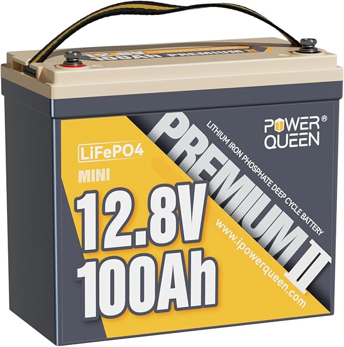 Power Queen 12V 100Ah MINI LiFePO4 Lithium Battery, Deep Cycle Battery with Upgraded 100A BMS, Max 1280W Energy, Up to 15000 Cycles & 10-Year Lifespan for RV, Solar, Trolling Motor & Camping