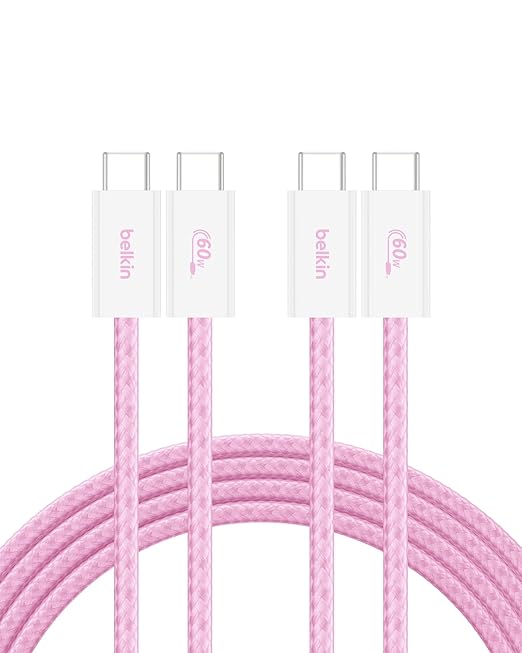 Belkin USB C to USB C Cable 2-Pack, 6.6ft, 60W - Type C Charger, iPhone Charger Cord, Soft, Braided, Flexible for iPhone 16, Galaxy S25, Pixel 9, Airpods, iPad Pro & More, Travel Essentials - Pink