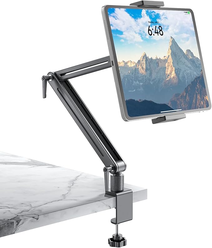 Jakeko Adjustable Tablet Mount for Desk - 360 Degree Rotating Base Tall Arm Holder Stand Swivel Flexible Clamp Soporte para Tablet/Portable Monitor/Ebook