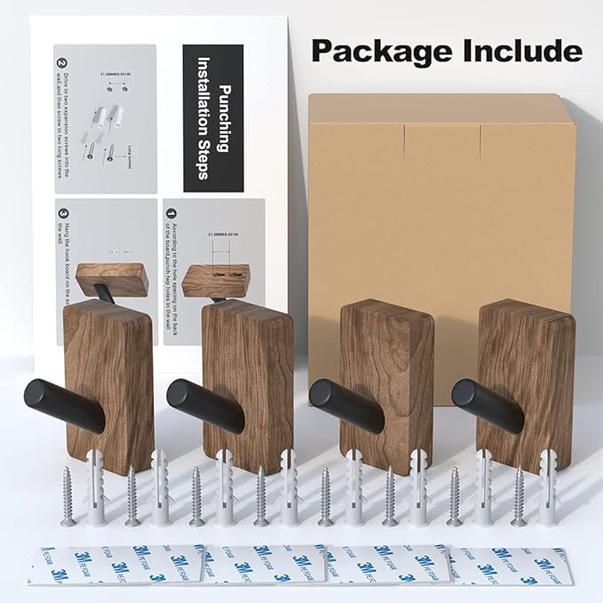 4 PCS Black Walnut Wood Wall Hooks, Adhesive Mounted & Wall Mounted Rustic Decorative Entryway Hooks, Mid Century Modern Natural Wooden Pegs for Hanging Coat Clothes Hat Bag Purse and Towel