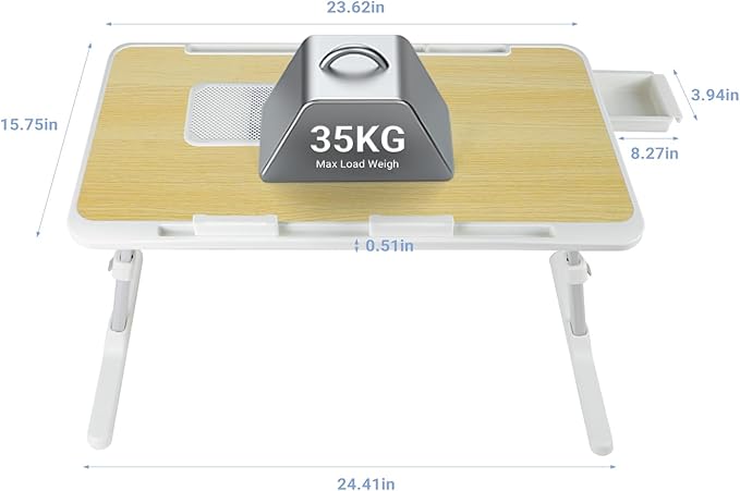 Laptop Lap Desk Include Cooling Fan,Adjustable Lap Desk with Light Fan,Folding Laptop Desk for Bed with USB,Bed Desk with Storage Drawer 60x40cm,White Oak