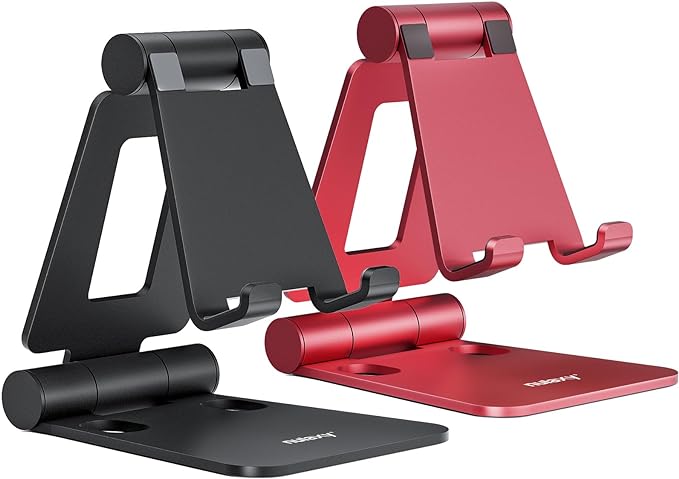 Nulaxy 2 Pack Dual Folding Cell Phone Stand, Fully Adjustable Foldable Desktop Phone Holder Cradle Dock Compatible with Phone 16 15 14 13 12 Pro Xs Xs Max Xr, All Phones, Black&Red
