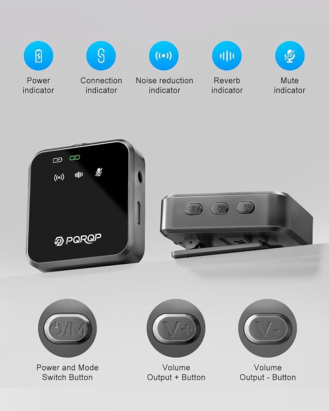 PQRQP 3 in 1 Microphone for iPhone/Android/Camera, Mini Microphone, 328ft Transmission, 18H Battery Life, Wireless Microphones Crystal-Clear Audio for Podcasting, Vlog, Streaming (Graphite Gray)