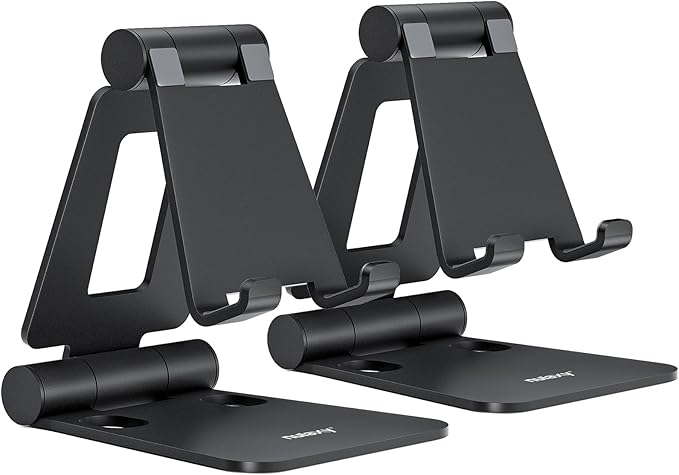 Nulaxy 2 Pack Dual Folding Cell Phone Stand, Fully Adjustable Foldable Desktop Phone Holder Cradle Dock Compatible with iPhone 17 16 15 14 13 12 Pro Max Xs Xr X 8, All Phones, Black
