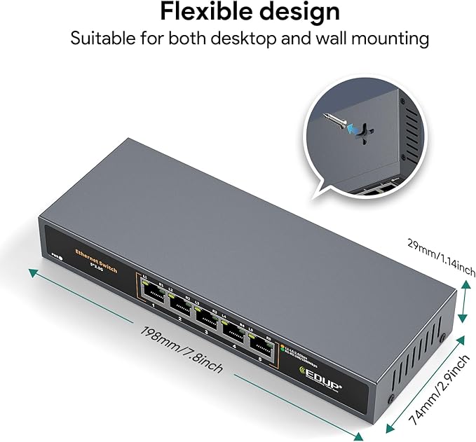 Ethernet Switch 2.5 Gigabit, 5 Ports Multi-Gigabit Ethernet Switch, Unmanaged, Fanless, Plug & Play, Reliable Network Splitter, Ideal for Gaming, NAS, PC, Silent, Desktop/ Wall Mount, Metal Design