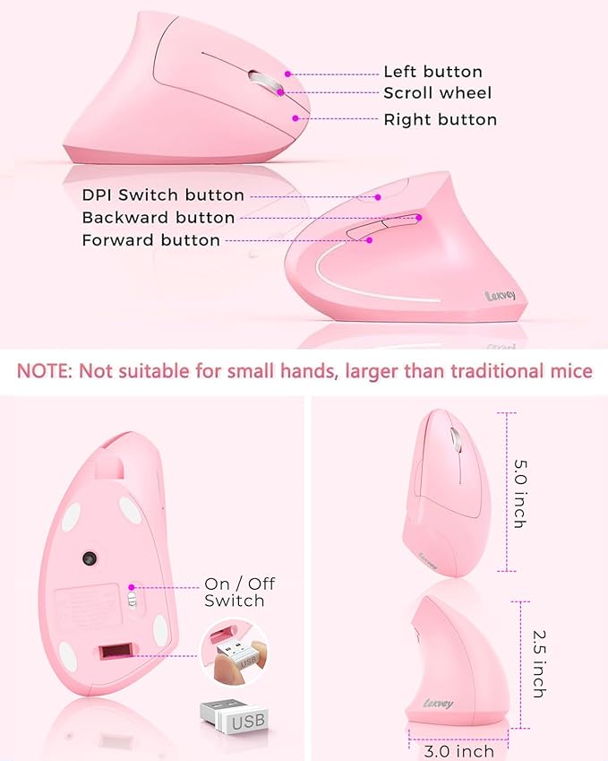 Lekvey Ergonomic Mouse, Vertical Wireless Mouse, Rechargeable 2.4 GHz USB Optical Carpal Tunnel Mice : 800/1200 / 1600 DPI, 6 Buttons, for Laptop, PC, Computer, Desktop, Notebook etc, Pink