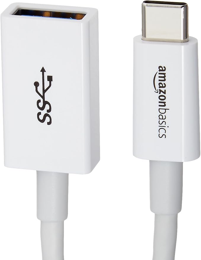 Amazon Basics USB-C to USB-A 3.1 Gen1 Female Adapter Cable Converter, 5Gbps High-Speed, USB-IF Certified, for Laptops, Tablets, Phones (iPhone 16/15), White