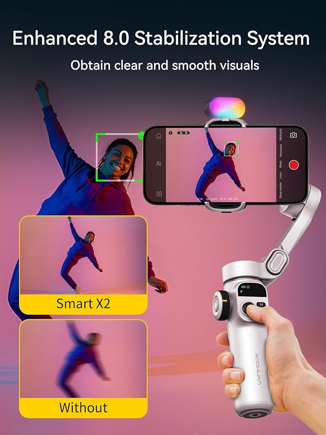 Gimbal Stabilizer for iPhone w/RGB Magnetic Fill Light, Foldable Gimbal w/7.8' Extension Rod & OLED Display for Vlogging & Filmmaking, Compatible with iPhone 16/15 Pro Max-Smart X2 Kit White